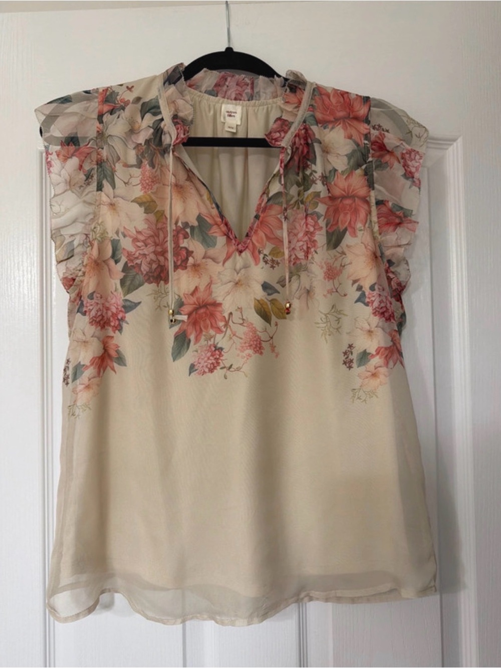Floral Ruffle Sleeve Blouse - Beige/Pink